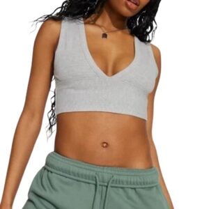 Garage Plunge V-Neck Rib Tank Top Grey Fitted Crop Stretch Soft Size XS
